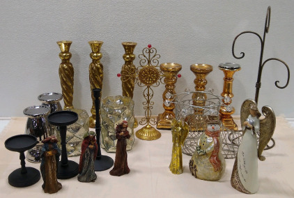 (11) Assorted Candle Holders (1) Gold Colored Cross Decor (1) Ornament Display & More!