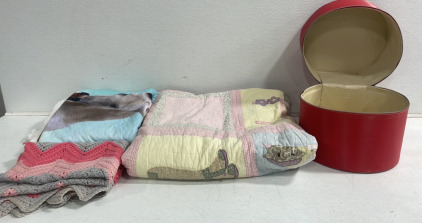 (1) Large Pink And Yellow Quilt (1) Knit Blanket (1) Horse Blanket (1) Red HatBox