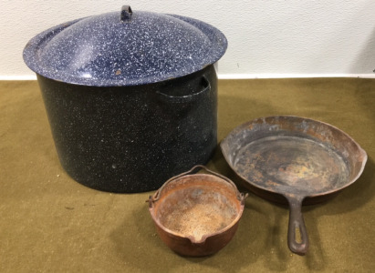 (1) Enameled Canning Pot, (1) Cast Iron Skllet & (1) Small Cast Iron Pot