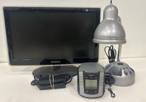 (1) Samsung 20” Computer Monitor P2070 (1) Desk Lamp (1) Timex Alarm Clock