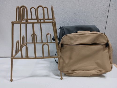 (1) Shoe Rack 16 pair (1) Insulated Lunch Bag (1) Canvas Bag