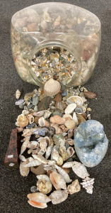 Large Jar Full of Seashells And Cool Rocks, Chunk of Celestine Crystal and Red Obsidian