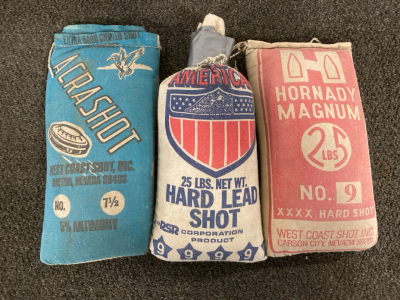 (3) 25Lbs Bags Of Lead Shot- All American Hard Lead Shot, Hornady Magnum No9 Hard Shot, Acrashot Extra Hard Chilled Shot