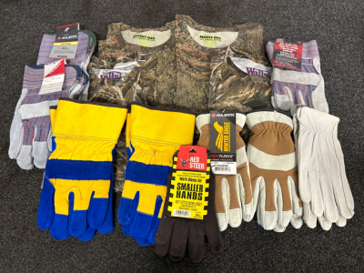 (9) Pairs Of Work Gloves (S-L), Mossy Oak And Walls Legend Camo Shirts Size Small