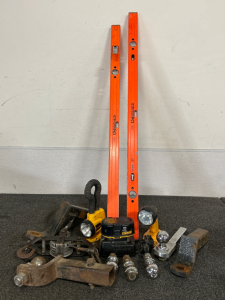 Hitches, Hitch Balls, Dewalt Flashlights With Charger And Battery (Appears To Charge), Pair Of Levels, And Winch