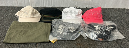 (1) Cream Colored Scala Pronto Hat, (1) White Pugs Decorative Hat, (1) Pink Pugs Decorative Hat, (1) Black Pugs Hat, (1) Dark Green Browning XXL Tank Top and More