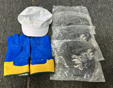 (4) Gray Scala Pronto Decorative Hats, (1) White Scala Pronto Hat, (1) Pair Of Yellow And Blue Work Gloves