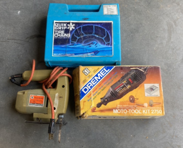 Quick Grip Tire Chains, Dremel Moto-Tool Kit, Black & Decker Two Speed Jig Saw (Works)