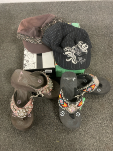 (2) Pairs Of Mountain West Jeweled And Beaded Sandles-Size 6, (2) Scala Hats; All New With Tags