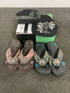 (2) Mountain West Beaded And Jeweled Sandalls- Size 8; (2) Scala Hats; All New With Tags
