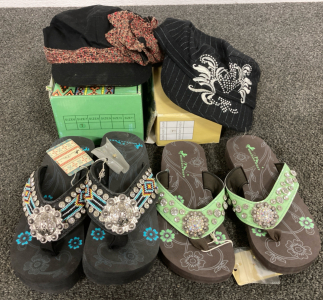 (2) Mountain West Beaded And Jeweled Sandals- Size 7; (2) Scala Hats, All New With Tags