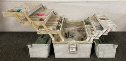 Green & White Tackle Box Including Egg Sinkers, Spinner Bait, Smith Wick Devils Horse Bait, Perch Baits, Weighted Hooks & More