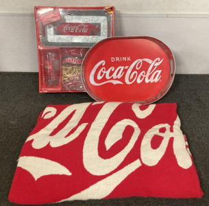 Vintage Coca Cola Snack Set, Vintage Coca Cola Metal Tray, Coca Cola Blanket