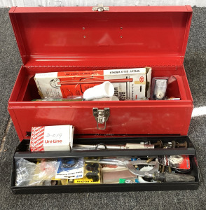 Waterloo Toolbox Filled With Assorted Tools and Pieces Including Basin Wrench, Drill Bits, Toulet Flush Lever and More!