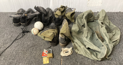 Camping Heavy Duty Bag, Combat Boots (4 Pairs), Corbin Cabinet Padlock, Softball, Baseball, and Short Rope!