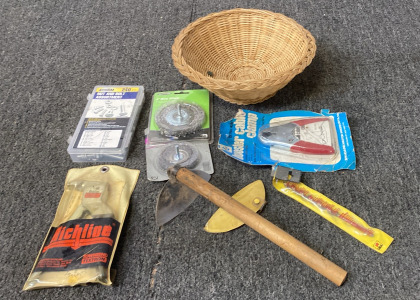 Basket of Tools! Richline Riveter, Nut and Bolt Assortment, (2) Wire Wheels, Booster Cable Clamp, Hand Hoe, and Drill Bit