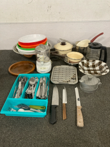 Various Sized Mixing Bowls, Pots, Totilla Press, Large Tray Of Silverware, And More
