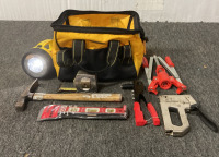 80 Lumen Flashlight, Torpedo Level, Staple Gun, Wine Corker, Measuring Tape, Chipping Hammer, and Handheld Riveting Tool