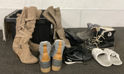 Tote Full of Shoes! (6) Pairs Women&rsquo;s Boots, (1) Pair Filas, and (1) Pair Slippers