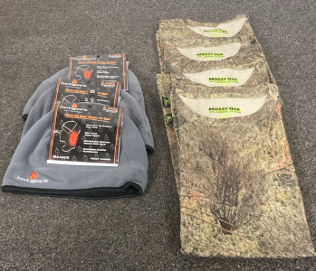 (4) Mossy Oak Camouflage T-Shirts and (3) Grey Hot Mocs Beanies With Warmers