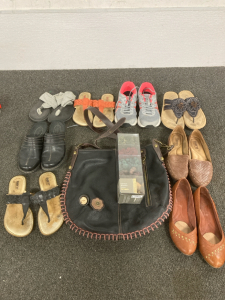 Chala Handbag, 8 Pairs of Size 6 Womans Shoes And Sandalls
