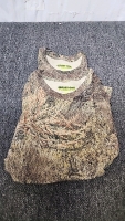 (2) Mossy Oak Pursuits Size XL Long Sleeve Camo Shirts (2) Browning Hotshot Florescent Orange Facemasks (5) Pairs Of Size XL Leather Work Gloves (2) Pugs Gray/Brown Baseball Caps - 2