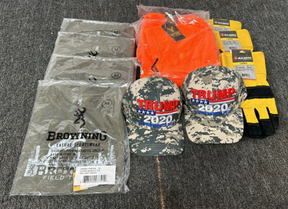 (4) New Browning " Field To Table" Military Green Size M Shirts (2) New Browning Hotshot Florescent Orange Insulated Facemask (3) New Pairs Of Majestic Size XL Lined Leather Work Gloves (2) New Trump 2020 Camo Baseball Caps