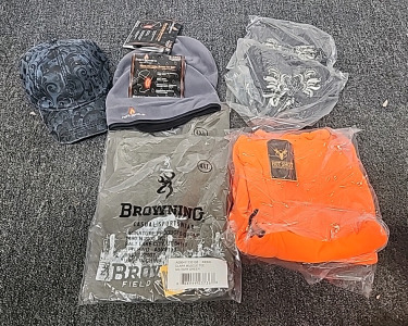 (2) New HotMocs Beanie With Handwarmers Unisize Adult (2) NewBrowning Hotshot Insulated Winter Face Masks (2) New Browning Size 4XL Military Green T-shirts (2) New C2J Brand Baseball Hats (2) New Scala Pronto Women's Hats