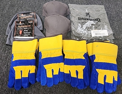 (4) Pairs Of Leather Insulated Size XL Work Gloves (2) Browning Size 4XL Military Green Shirts (2) Pugs Plain Gray/Brown Baseball Caps (2) Hotmocs Insulated Beanies