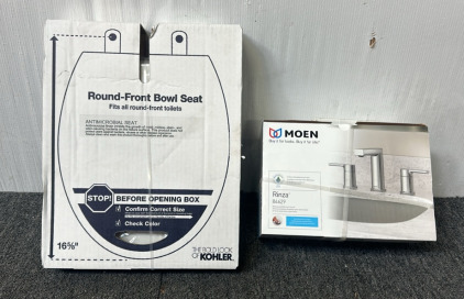 (1) Moen Rinza Chrome 2 Handle Widespread Watersense Bathroom Sink Faucet With Drain, (1) Kohler Antimicrobial Round-Front Bowl Seat