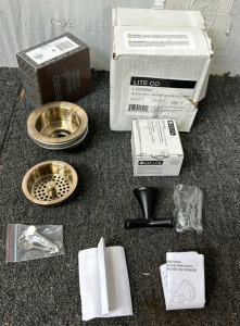 (1) LIte Co Black Wall Lantern W/ Acrylic Globe, (1) Black Bathroom Robe Hook, (1) Kitchen Sink Flange And Strainer