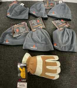 (6) Hotmocs Fleece Beanies, (1) XL HeatFleece PigSkin Gloves