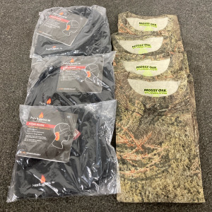 (4) Mossy Oak Camouflage T-Shirts and (3) Grey Hot Mocs Beanies With Warmers