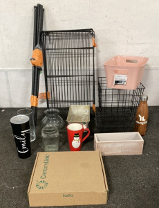 Three Tier Metal Rack Organizer, Century Link Modem, Metal Storage Bin, Bread Pan, (3) Glass Vase, (3) Cups, Pink Medium Storage Bin