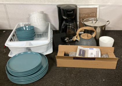 (19) Blue And White Bowls & Plates, Coffee Maker, Splicing Curtain Rod Assembly, Tea Kettle, Stainless Steel Pot & More