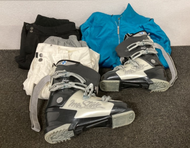 White Sierra Large Black Snow Pants, Large Womens Bonfire Snowboarding Co. Teal Jacket, White Sierra Large White Snow Pants, Fischer Soma Tec Ski Boots