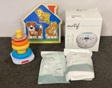 Motif Luna Double Electric Breast Pump, Motif Breastmilk Bags, Motif Nursing Pads, Melissa & Doug Wood Childrens Puzzle, Fisher Price Kids Stacking Toy