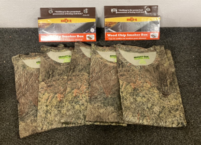 Two Mr.Bar-B-Q Wood Chip Smoker Box, (5) Womens Mossy Oak Large Cotton Camo T-Shirts
