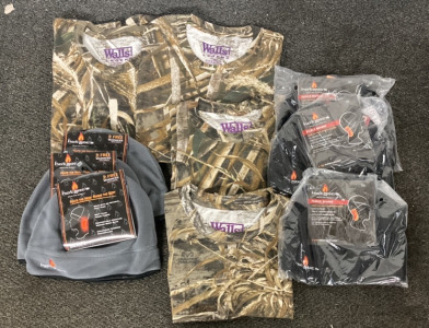 (2) Medium Womens Walls Camouflage Shirts, (2) Small Womens Walls Camo Shirts, (3) Charcoal Grey Hotmocs Beanie, (3) Black HotMocs Beanie