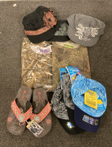 Walls Legend 2Xl Camo Shirt, Mossy Oak 2Xl Camouflage Shirt, Montana West Sandals Size 7, (3) Scalia Pronto Hats, (3) Banana Boat Uv Protectant Hats