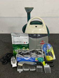Portable Home Cleaner (Powers On), Dog Recovery Suit, Nail Clippers, Booties And More
