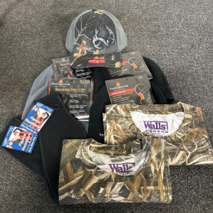 (2) Walls Legend Camo Shirts (S/M), (4) Hotmocs Fleece Beanies, Realtree Hat, And (2) Fleece Headbands