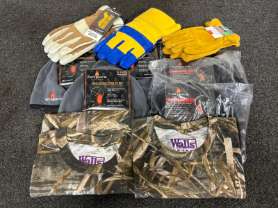 (2) Walls Legend Womans Camo Shirts (S), (6) Hotmocs Fleece Beanies (Charcoal And Black), And (3) Pairs Of XL Gloves