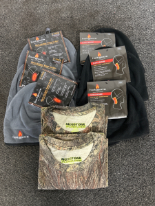 (6) Hotmoc Fleece Beanies In Charcoal And Black Plus (2) Womans Medium Mossy Oak Shirts