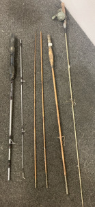 (3) Fishing Rods, Bamboo Fly Rod, Shakespeare Spinning Rod, & Fiberglass Rod w/ Vintage Reel