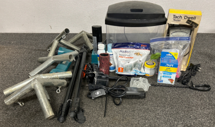 Fish Tank Starter Kit, Tach/ Dwell Tester, Makita Flashlight And Charger, And Cover Frame Angle Joints