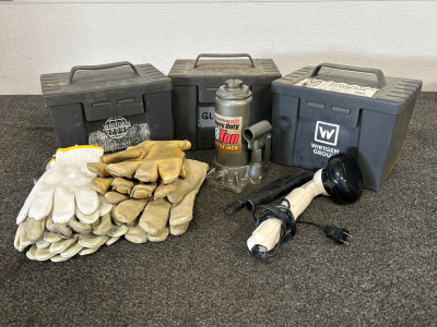 (3) Battery Boxes/ Storage Containers, 8 Ton Bottle Jack, Infrared Heat Applicator (Powers On), And Gloves