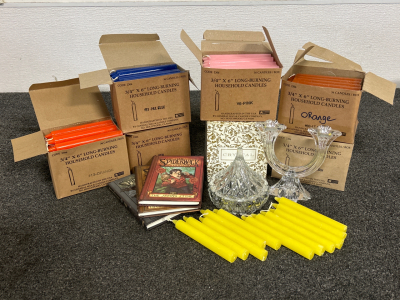 (6) Boxes Of Long Burning Household Candles In Different Colors, Crystal Candle Holder And Hersheys Candy Dish, And (3) Spiderwick Books