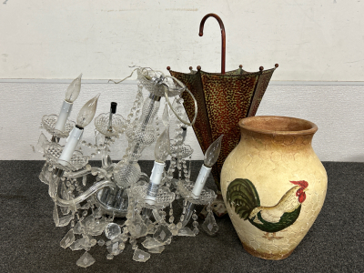 Vintage Umbrella Stand, Chandelier And Vase