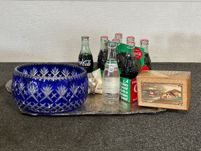 Vintage Coca Cola Bottles, Puzzle Box, Seiko Watch, Silver Tray And Blue Candy Dish